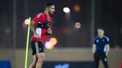 Ali Mabkhout gets on the ball in training. UAE FA