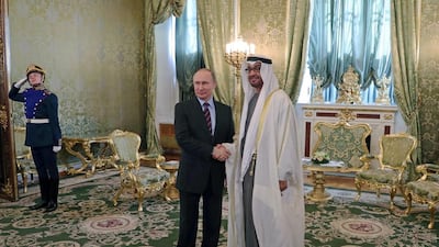 The Crown Prince of Abu Dhabi and Deputy Supreme Commander of the UAE Armed Forces Sheikh Mohammed bin Zayed with Russia’s president Vladimir Putin at their meeting in the Kremlin in Moscow on Thursday, April 20, 2017. Photo: Mikhail Klimentyev/Sputnik, Kremlin Pool via AP