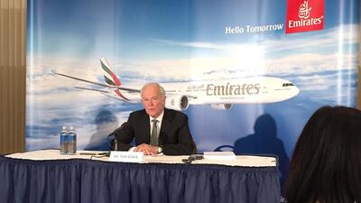 The 400-page rebuttal was prepared by a team at Emirates led by Tim Clark, aided and advised by lawyers, accountants and industry experts. Above, Mr Clark speaks at the National Press Club in Washington DC on Tuesday. Frank Kane / The National