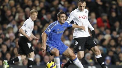 Chelsea midfielder Oriol Romeu, centre, has joined German club Stuttgart on a season-long loan, following a similar deal last season with Valencia. AFP PHOTO/IAN KINGTON