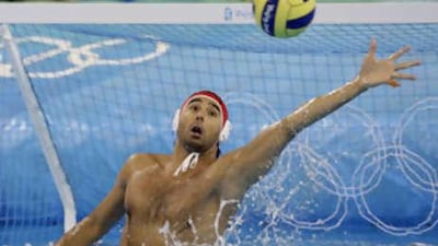 Hungary goalkeeper Zoltan Szecsi makes a stop against the United States in the gold medal game in men's water polo at the Beijing 2008 Olympics in Beijing, Sunday, Aug. 24, 2008. Hungary beat the USA 14-10 to win the gold.