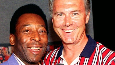 The two greats, Brazil's Pele, left, and Franz Beckenbauer of Germany meet again in Chicago on June 18, 1994. AFP