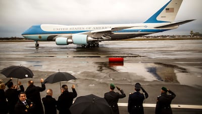 Air Force One with US President Barack Obama on board as he leaves after talks with European leaders on November 18, 2016 in Berlin, Germany.