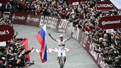 The winning moment for UAE Team Emirates XRG's Tadej Pogacar. AFP