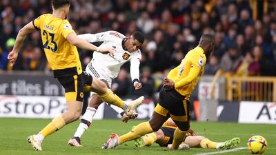 Marcus Rashford scores the only goal of the game for Manchester United against Wolves in the Premier League game at Molineux on December 31, 2022. Getty