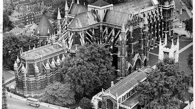 A view of Westminster Abbey taken from Big Ben in 1950