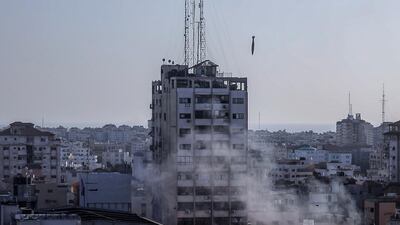 An Israeli missile seen during an air strike at Al-Shorouk tower. EPA