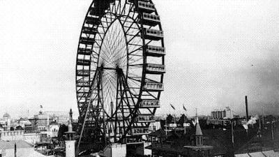 In this May 1893 photo, the first Ferris wheel, which was capable of carrying 1,400 persons and rose 250 feet into the air, looms over the grounds of the 1893 World's Columbian Exposition in Chicago. Courtesy Associated Press