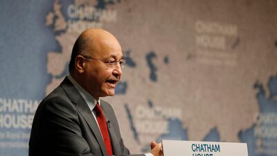 Iraqi President Barham Salih speaking in London this week. Frank Augstein / AP