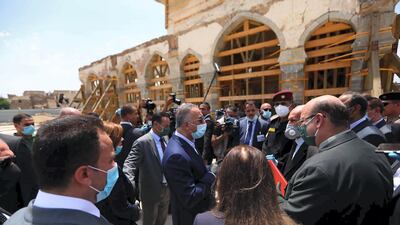 Prime Minister Mustafa Al Kadhimi tours Al Nuri Mosque, destroyed by ISIS and being rebuilt with assistance from the UAE. Iraqi PM Media Office HO