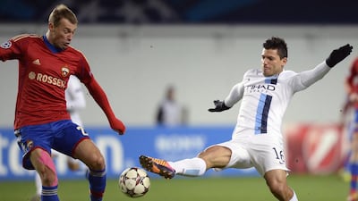 Manchester City’s Sergio Aguero, right, was on target twice in the 2-1 win in Moscow. Alexander Nemenov / AFP