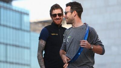 Mark Cavendish (R) of Dimension Data and Sir Bradley Wiggins (L) of Team Wiggins ahead of the Tour of Dubai on February 2, 2016 in Dubai, United Arab Emirates. (Photo by Michael Steele/Getty Images)