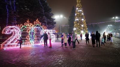 A square decorated for Christmas and the New Year festivities in the Russian-controlled Donetsk region, eastern Ukraine. AP Photo