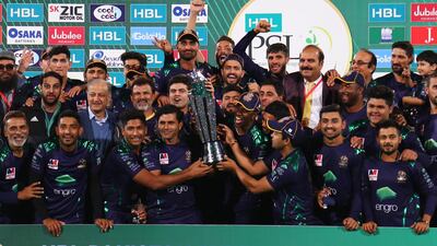 Quetta Gladiators celebrate after winning the 2019 Pakistan Super League final against Peshawar Zalmi in Karachi. EPA