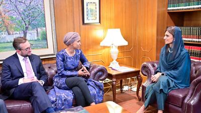 Ms Omar with Pakistan's Minister of State for Foreign Affairs, Hina Rabbani Khar, in Islamabad in April. Press Information Department / Reuters