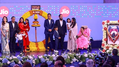 Mukesh Ambani, second left, with members of his family at Jio Platforms’ listing ceremony at the National Stock Exchange of India in Mumbai on Wednesday