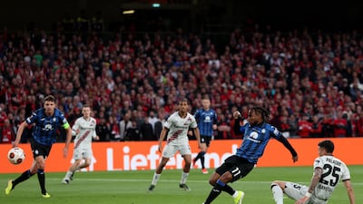 Ademola Lookman shoots to score Atalanta's first goal in the Europa League final. AFP