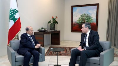 Lebanon's President Michel Aoun, left, meeting with Prime Minister-designate Mustapha Adib at the presidential palace on September 17, 2020. Dalati and Nohra / AFP
