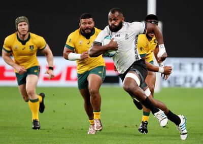 Fiji's Peceli Yato takes on Reece Hodge of Australia during the Rugby World Cup 2019 Pool D match. Yato was forced from the field of play after a high tackle by Hodge later in the game. Getty Images