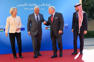 King Abdullah II of Jordan and his son Crown Prince Hussein bin Abdullah welcome European Council President Antonio Costa and European Commission President Ursula von der Leyen during the first-ever summit between Jordan and the European Union, in Amman on Thursday. Getty Images