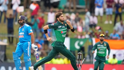 Pakistan's Shaheen Shah Afridi celebrates the wicket of India captain Rohit Sharma. AP