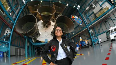 Alia Al Mansoori at the Apollo/Saturn V Center during her visit to the Kennedy Space Center in August. Alia will be among students, space experts and agencies to join a UAE space association that will be formed next week. Scott A. Miller for The National
