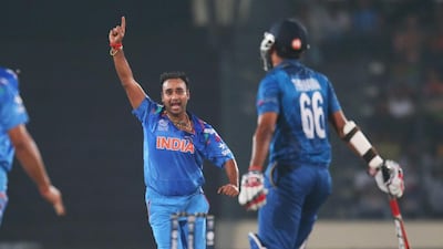 Amit Mishra, centre, of India celebrates after dismissing Lahiru Thirimanne of Sri Lanka during the final of the ICC World Twenty20 at Sher-e-Bangla Mirpur Stadium on April 4, 2014 in Dhaka, Bangladesh. Scott Barbour / Getty Images