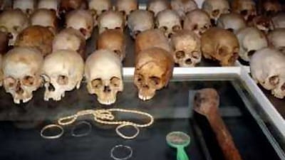 Skulls of the victims of the 1994 Rwandan genocide are on display at the Nyamata church near Kigali.