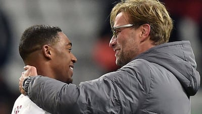 Liverpool manager Jurgen Klopp and midfielder Jordon Ibe celebrate their victory over Rubin Kazan in the Europa League last week. Kirill Kudryavtsev / AFP / November 5, 2015