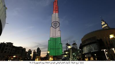 Burj Khalifa is lit up in the colours of the Indian national flag in celebration of the country's 68th Republic Day. Wam