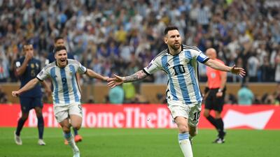 Lionel Messi celebrates after scoring a first-half penalty for Argentina. Getty