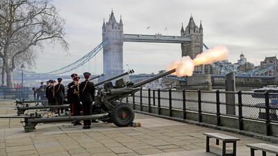 On Monday to mark the 70th anniversary of Queen Elizabeth II's accession to the British throne, 62-gun salute was fired across the Thames in London. Getty Images