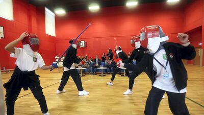 Pupils perfect their fencing skills as part of Dubai Fitness Challenge. Satish Kumar for the National