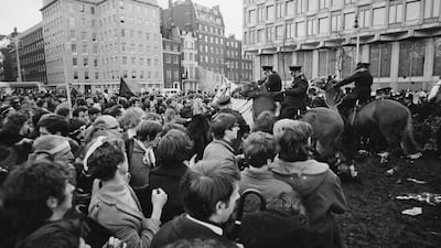 Mounted police clash with demonstrators at an anti-Vietnam War protest outside the embassy in 1968. Getty Images
