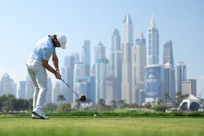 Tommy Fleetwood tees-off on the eighth hole at the 2024 Dubai Desert Classic. Getty Images