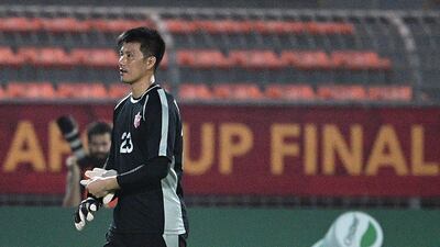 April 25 Sports Club's goalkeeper An Tae Song leaves the pitch after receiving a red card during the AFC Cup Final. AFP