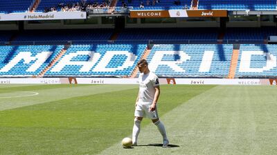Luka Jovic is presented as a Real Madrid player inside the Santiago Bernabeu. EPA
