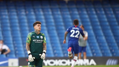 A disappointed Manchester City goalkeeper Ederson after Pulisic's goal. EPA
