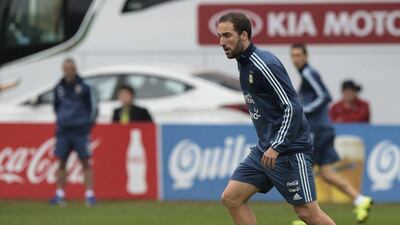 Argentina's Gonzalo Higuain shown on Monday in the team training session ahead of the Copa America quarter-finals. Juan Mabromata / AFP