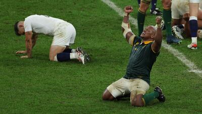 South Africa's hooker Bongi Mbonambi celebrates South Africa's victory over England at the end of the France 2023 Rugby World Cup semi-final match at the Stade de France in Saint-Denis, on the outskirts of Paris. AFP