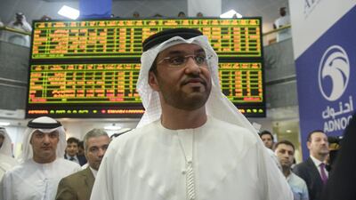 Dr Sultan Al Jaber, Adnoc group chief executive at the listing of the firm's retail and distribution unit, Adnoc distribution. Abu Dhabi's oil company is expected to launch new capital structures this year. Khushnum Bhandari/ The National