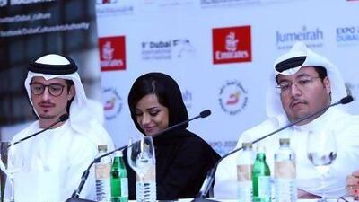 The Emirati filmmakers whose short films are part of The Soul of Dubai initiative are, fro left, Ali Mostafa, Nayla Al Khaja and Khalid Ali. Satish Kumar / The National