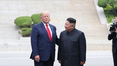US President Donald Trump talks with North Korean leader Kim Jong-un at the demilitarised zone separating the two Koreas, in Panmunjom, South Korea. EPA