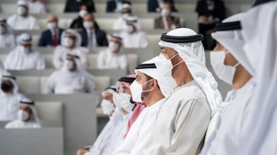 Sheikh Mohamed bin Zayed, Crown Prince of Abu Dhabi and Deputy Supreme Commander of the Armed Forces (C), attends the lecture.