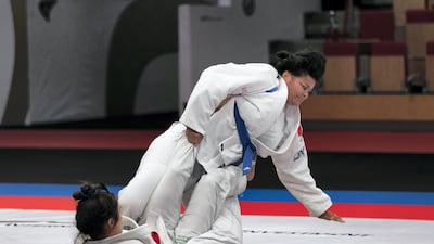 Eva Bisseni, right, beat Tereza de Souza in the 70kg-plus category. Reem Mohammed / The National