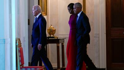 The Bidens and the Obamas attend the portrait unveiling ceremony at the White House. AP