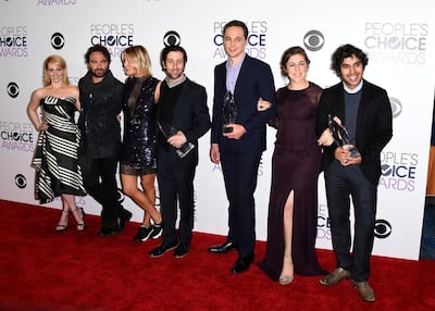 The cast of The Big Bang Theory poses in the press Room at the People's Choice Awards 2016.