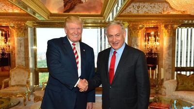 US Republican presidential candidate Donald Trump, left, shaking hands with Israeli prime minister Benjamin Netanyahu at Trump Tower in New York USA on September 25, 2016. Mr Trump drew criticism from Palestinian leaders after saying he will recognise Jerusalem as Israel's 'undivided' capital if he became the next US president. Kobi Gideon, Handout from the Israeli Government Press Office (GPO) via EPA