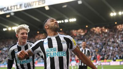 Newcastle United striker Callum Wilson celebrates after scoring in the Magpies' Premier League win over Manchester United at St James' Park on April 2, 2023. Getty