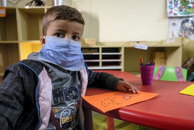 Children on their first day back to kindergarten in Al Baqa’a camp, following Covid-19 school closures. Amy McConaghy/ The National